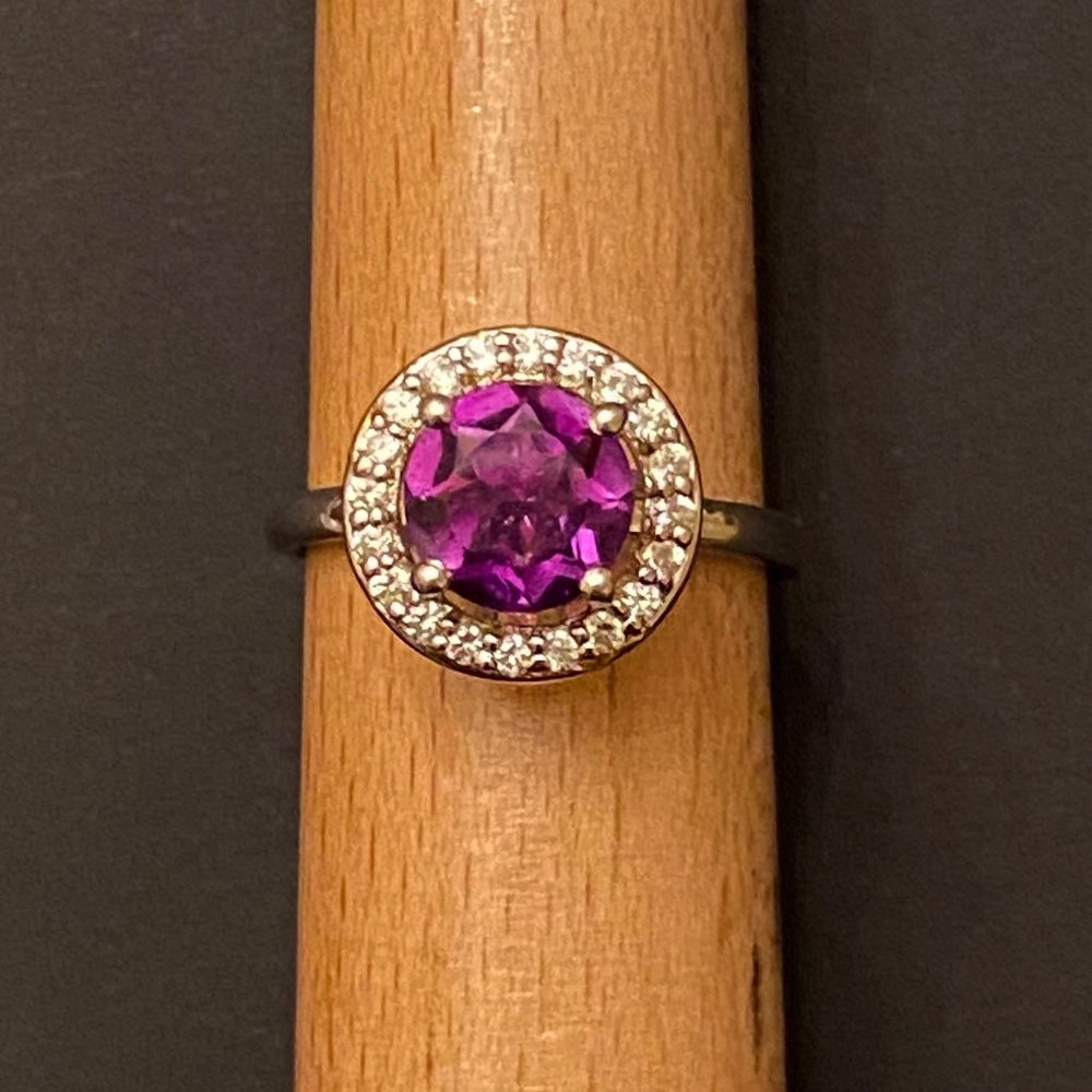 Purple Amethyst with CZ Halo, Sterling Silver Ring, Size 7.75